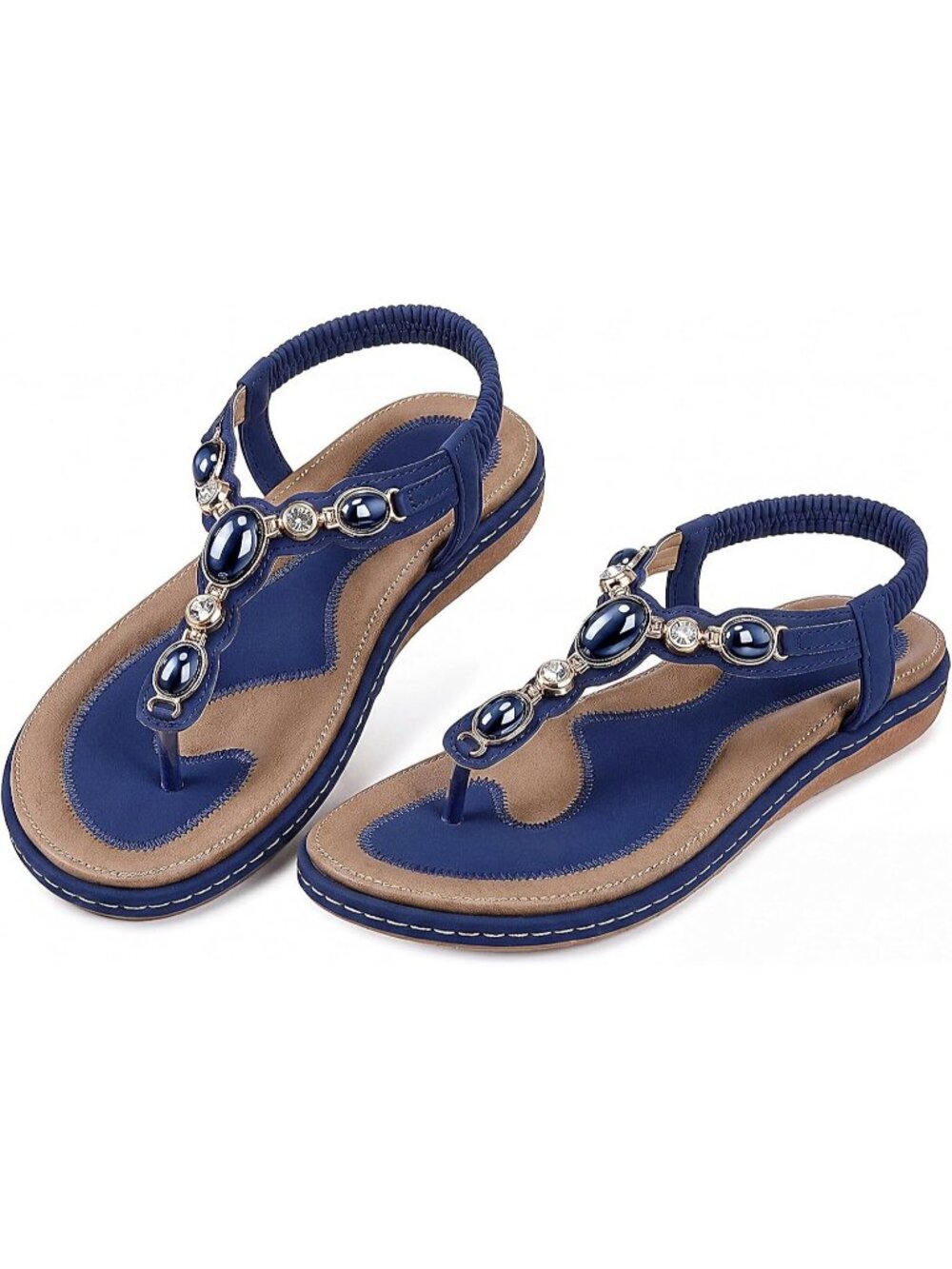 Womens Navy Blue Rhinestone T-Strap Thong Flat Arch Support Pearl Crystal Sandal